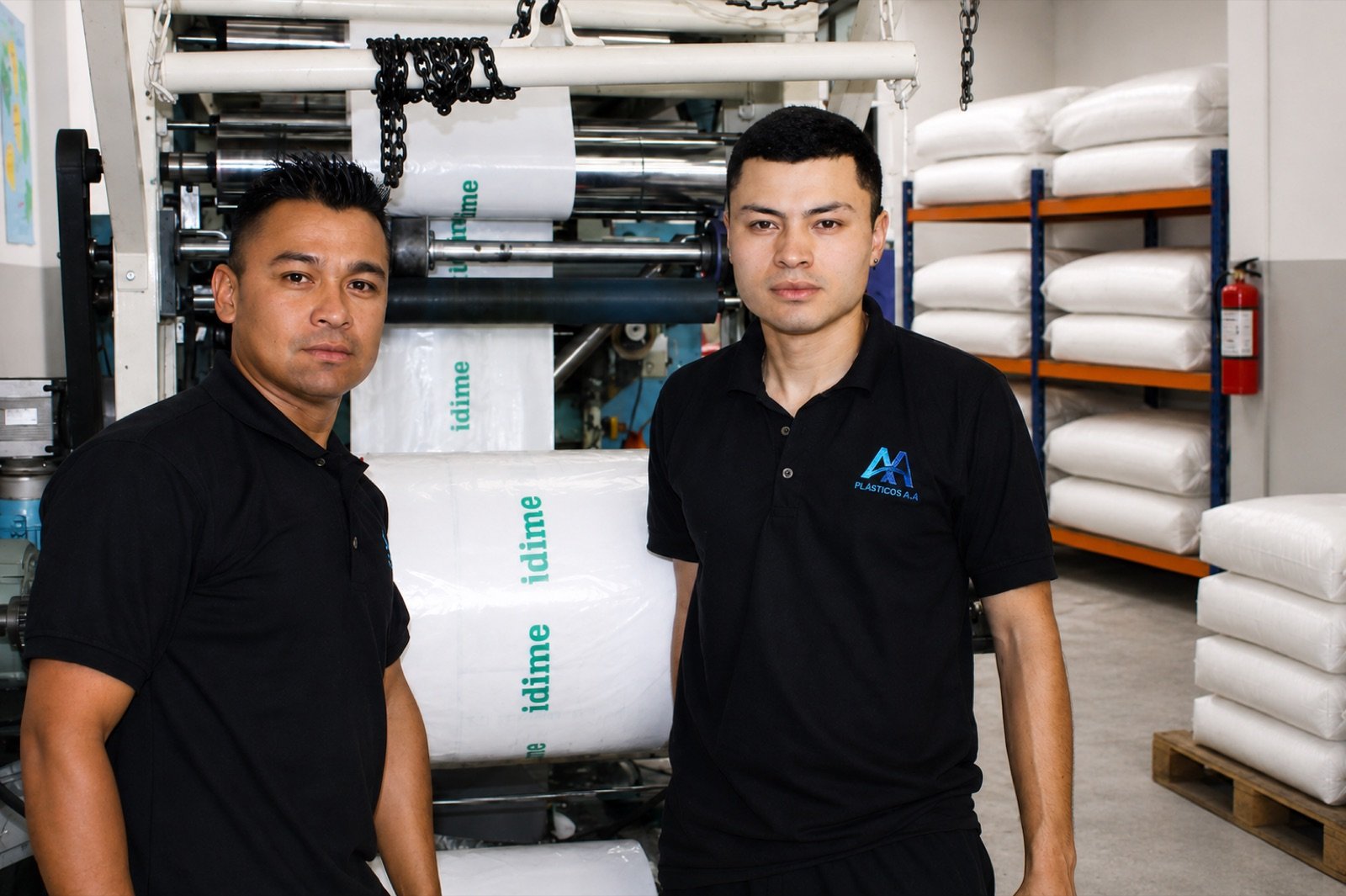 Colaboradores de Plásticos AA S.A.S con dotación de marca frente a la línea de producción